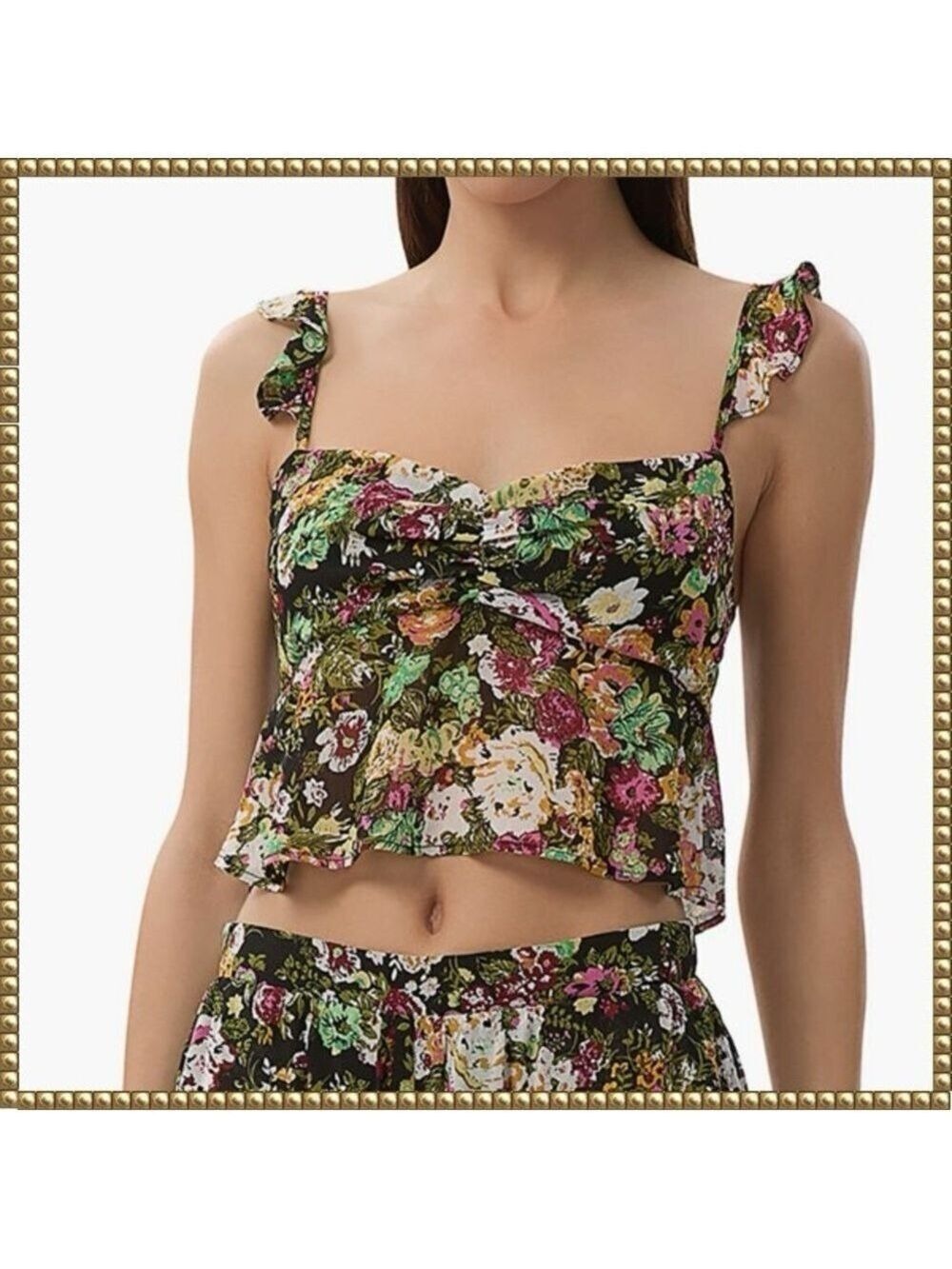 AFRM Black Floral Ruffle Cropped Camisole Top Medium